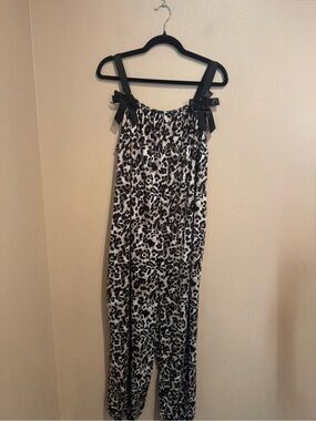 Leopard Print Satin Jumpsuit with Shoulder Bows